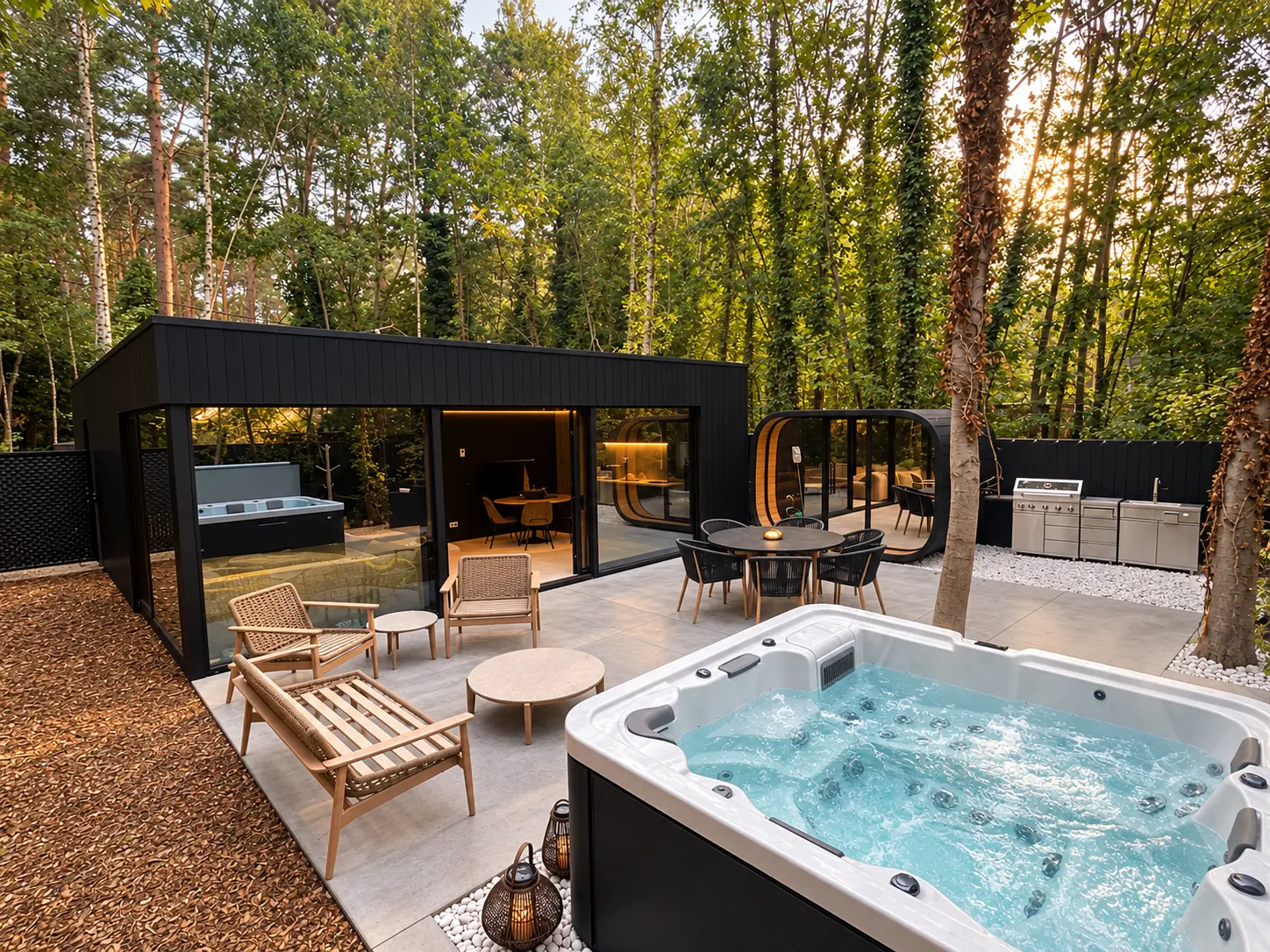 Tuin en wellness van vakantiehuis Obsidian Retreat